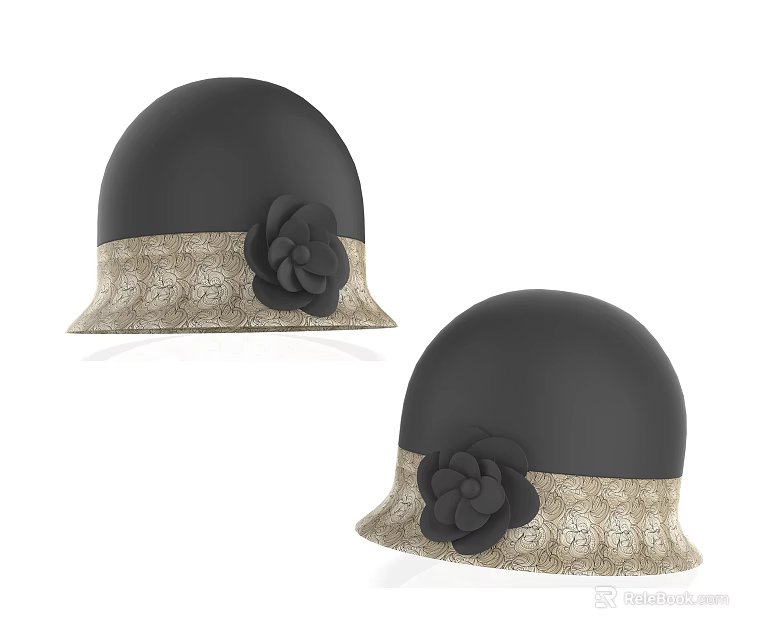 Stylish Black Hats With Black Flower And Beige Lace Brim Design 3d model 