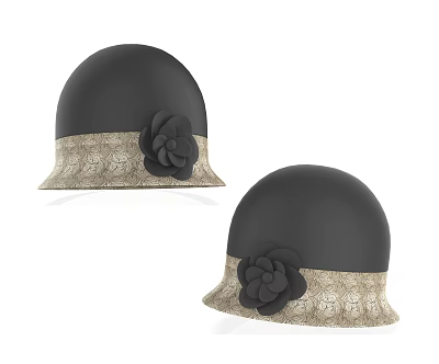 Stylish Black Hats With Black Flower And Beige Lace Brim Design 3d model