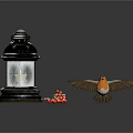 Vintage Lit Lantern With Glass Panes And Flying Bird Near Red Berries On Dark Background