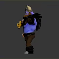 Horned Warrior 3D Character With Blue Body Yellow Orange Armor Brown Pants And Outstretched Arms