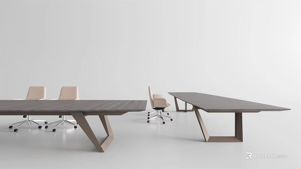 Sleek Modern Conference Tables With Wooden Surfaces And Rolling Office Chairs 3d model 