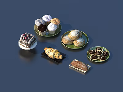 Assorted Fresh Baked Desserts With Cupcakes Croissant Loaf Chocolate Pastries And Berry Cake 3d model
