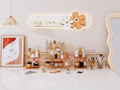 Stylish Cosmetics And Perfume Display With Shelves Brushes And Decorative Lights 3d model