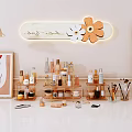 Stylish Cosmetics And Perfume Display With Shelves Brushes And Decorative Lights