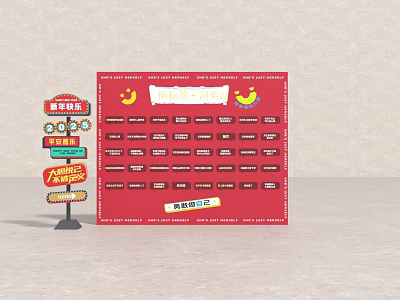 Popular Food Photo Check-in Spot With Red Board And Multiple Labels 3d model