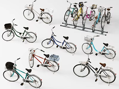 Colorful Classic And Modern Bicycles With Baskets Displayed On Metal Rack Collection 3d model