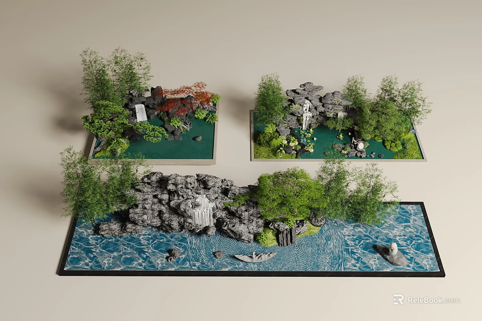 Rockery Stones With Waterfall Flowing Water Bamboo Plants And Small Boats In Garden 3d model 