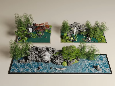 Rockery Stones With Waterfall Flowing Water Bamboo Plants And Small Boats In Garden 3d model