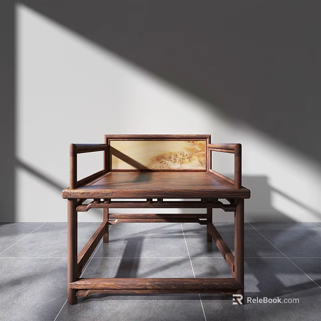 Traditional Wooden Leisure Chair with Armrests and Decorative Back Panel in Sunlight Shadow Setting 3d model 