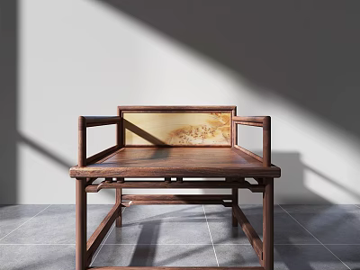 Traditional Wooden Leisure Chair with Armrests and Decorative Back Panel in Sunlight Shadow Setting 3d model