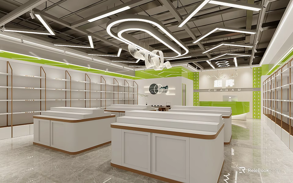 Bright Department Store Interior With White Counters Wooden Borders Green Walls Shelves And Modern Lights 3d model 