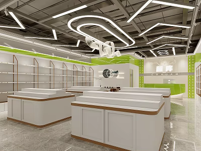Bright Department Store Interior With White Counters Wooden Borders Green Walls Shelves And Modern Lights 3d model