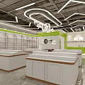 Bright Department Store Interior With White Counters Wooden Borders Green Walls Shelves And Modern Lights