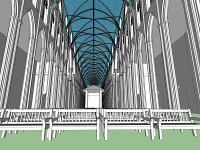 Ancient Architecture Interior With Arched Structures High Ceiling Glass Windows And Benches 3d model