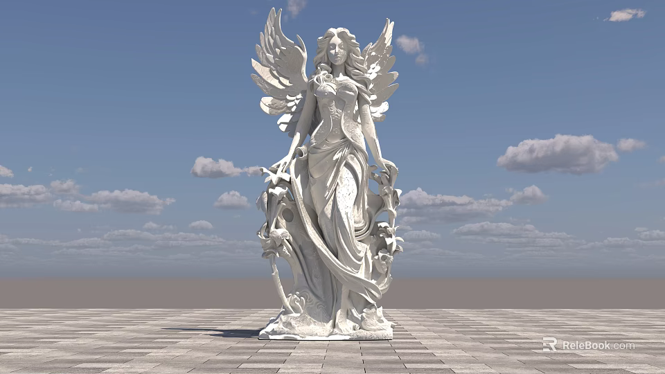 Landscape Sculpture of Female Angel with Wings White Stone Against Blue Sky and Paved Square 3d model 