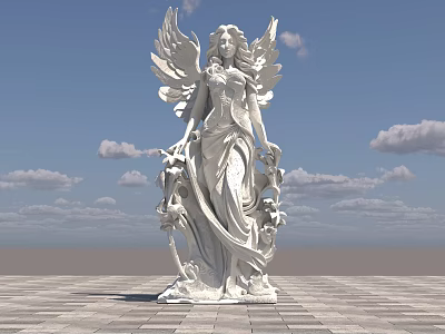 Landscape Sculpture of Female Angel with Wings White Stone Against Blue Sky and Paved Square 3d model