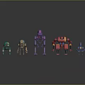 Five Robots With Various Colors And Designs Standing On Black Reflective Surface 3d model