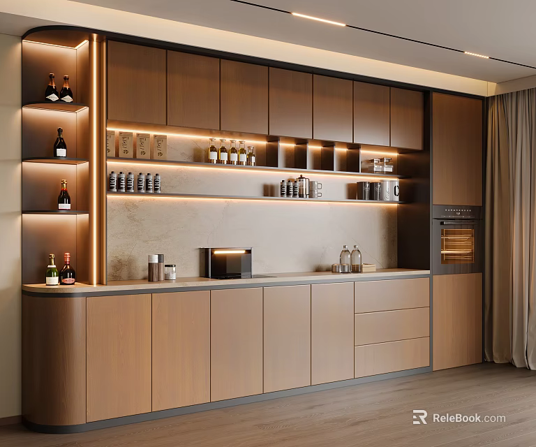 Modern Dining Room Sideboard With Storage Cabinets Open Shelves And LED Lighting Design 3d model 