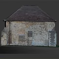 Residential Building Model With Stone Exterior Red And Dark Roof Tiles And Grass Base