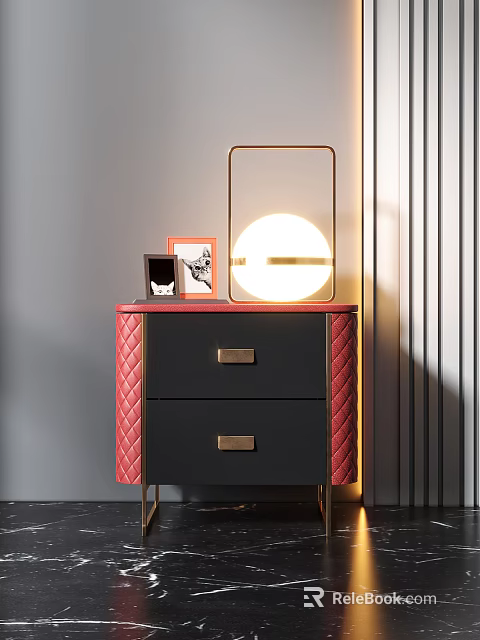 Stylish Nightstand With Red Quilted Sides Two Drawers Gold Handles Round Lamp And Photo Frames On Top 3d model 