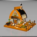 Charming Orange And White Small House Featuring Pointed Roof Chimney Pumpkin Decorations Snowmen And Cart