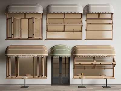 Storefront Awnings In Various Styles With Windows Doors Shelves And Outdoor Tables 3d model