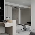 Modern Minimalist Bedroom Interior With Neutral Tones Wooden Headboard And Decorative Paintings