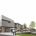 Traditional Modern Architecture Pedestrian Commercial Street With People Shops Water Feature And Evening Lanterns