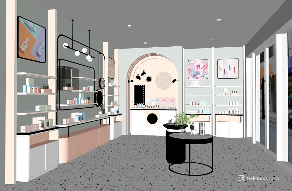 Modern Cosmetics Store Interior With Display Shelves Hanging Lights And Mirror 3d model 