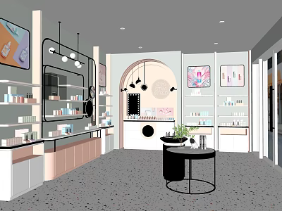 Modern Cosmetics Store Interior With Display Shelves Hanging Lights And Mirror 3d model