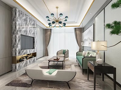 Luxury New Chinese Style Living Room Interior With Marble TV Wall And Elegant Furniture 3d model