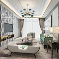 Luxury New Chinese Style Living Room Interior With Marble TV Wall And Elegant Furniture