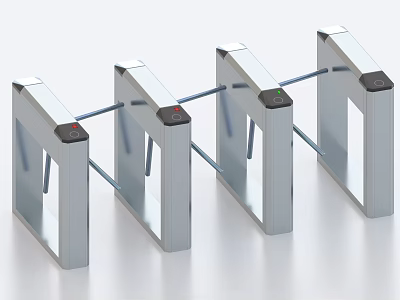 Three Silver Stainless Steel Industrial Turnstiles With Barriers And Indicator Lights 3d model