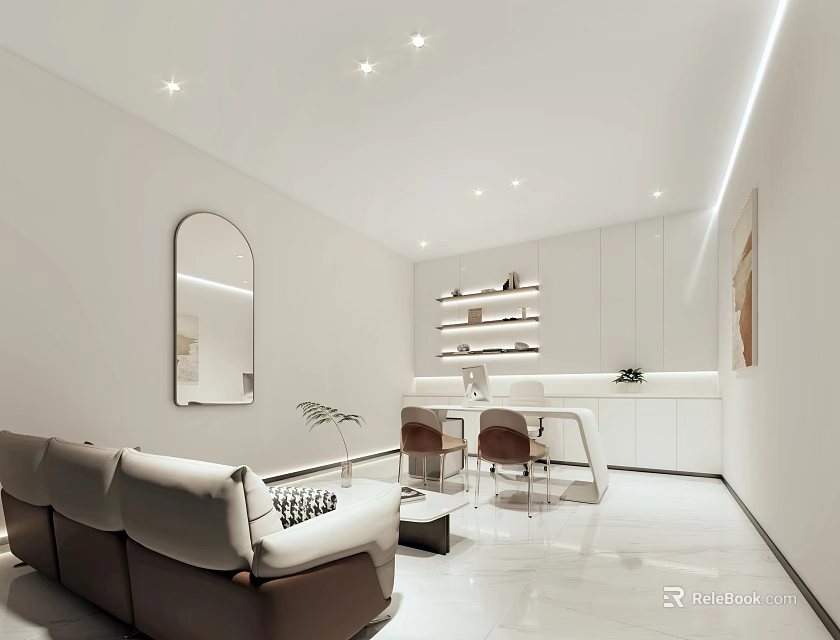Minimalist White Office Interior Design With Sofa Table Chairs Mirror Shelves And Plants 3d model 