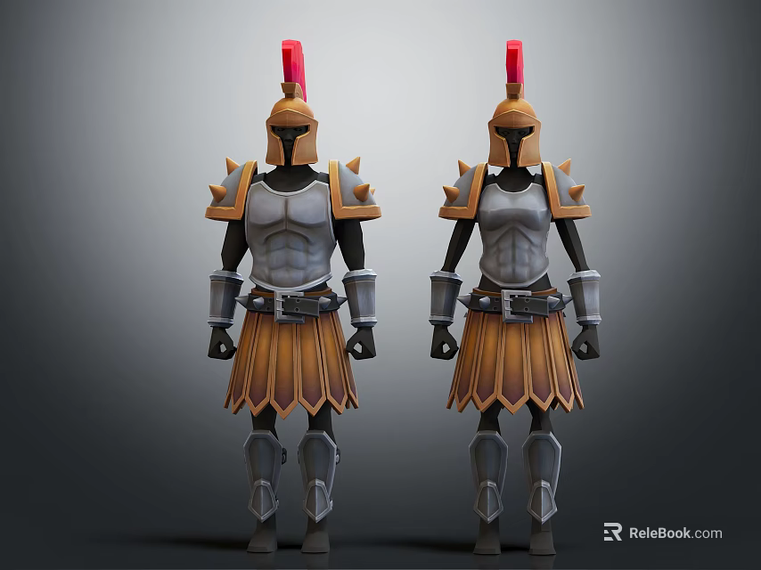 Armored Characters In Metallic Armor With Red Feather Helmets And Yellow Skirts Standing Pose 3d model 