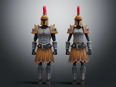 Armored Characters In Metallic Armor With Red Feather Helmets And Yellow Skirts Standing Pose 3d model