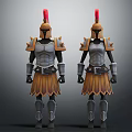 Armored Characters In Metallic Armor With Red Feather Helmets And Yellow Skirts Standing Pose