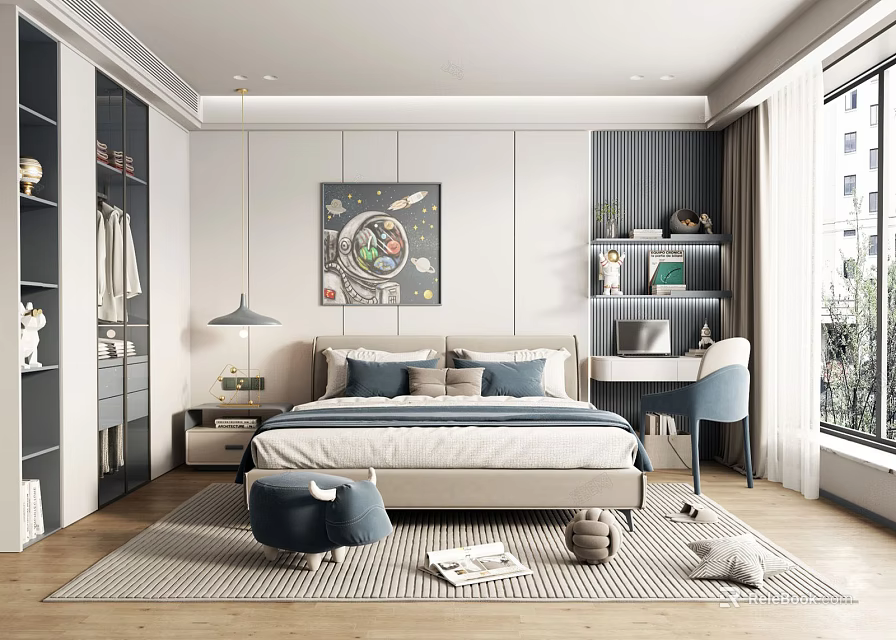 Kids Room Interior Design With Bed Desk Chair And Decorative Painting 3d model 