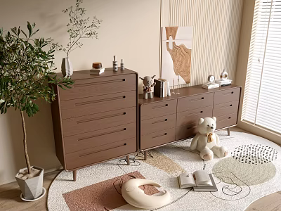 Entryway Cabinet And Sideboard Brown With Drawers Green Plant Stuffed Toy On Rug Natural Light 3d model