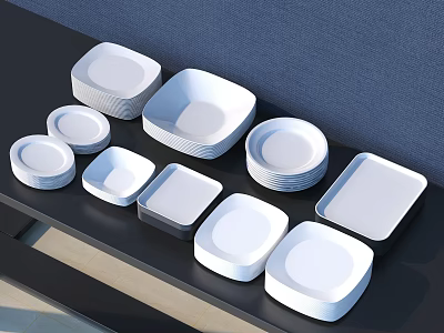 White Modern Dinnerware Set With Square And Round Plates In Various Sizes 3d model