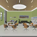 Modern Office Space with Green Walls Wooden Bookshelves Computers Sofa and Windows