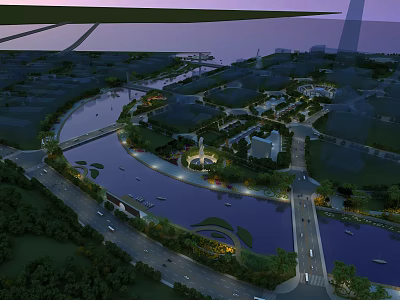 Urban Aerial Planning Featuring River Bridges Roads Green Spaces and Building Layout 3d model
