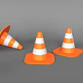 Road Infrastructure Equipment Including Orange And White Striped Traffic Cones In Standing And Fallen Positions