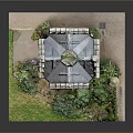 Cartoon Scene With Miniature Red Brick House Spires Green Plants And Garden Path