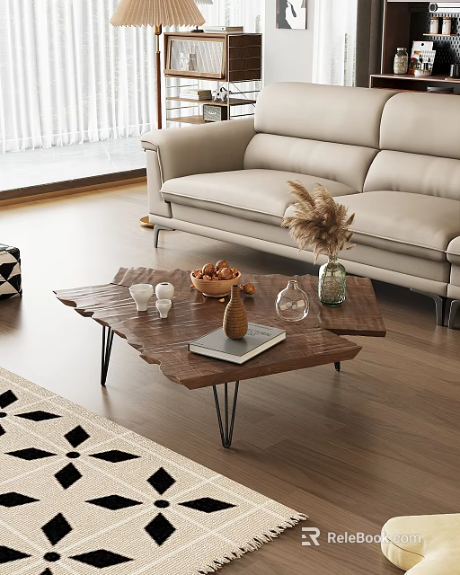 Rustic Wooden Coffee Table With Metal Legs Bowl Of Nuts Dried Pampas Vase And Book 3d model 