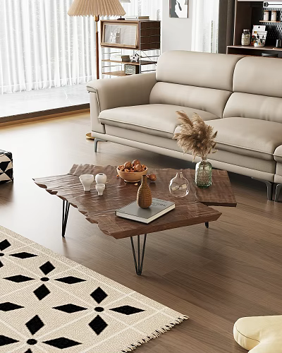 Rustic Wooden Coffee Table With Metal Legs Bowl Of Nuts Dried Pampas Vase And Book 3d model