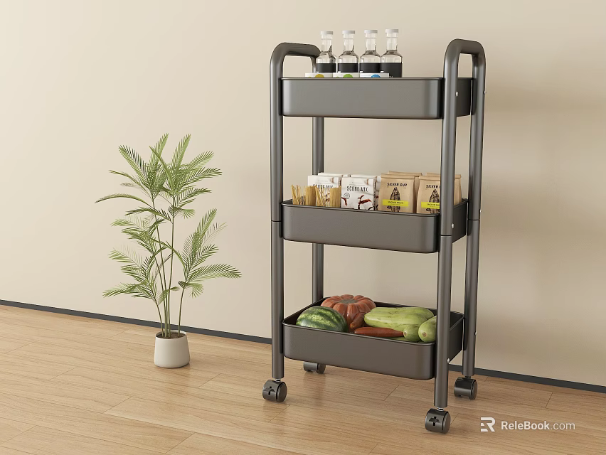 3 Tier Rolling Storage Rack with Bottles Boxed Items Fresh Vegetables and Potted Plant 3d model 
