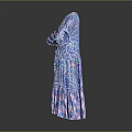 Vibrant Blue Purple Patterned Long Sleeve Flowy Pleated Dress with Elegant Design and Comfortable Fit