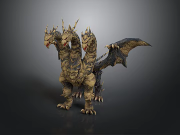 Monster Kidola four-headed dragon sci-fi creature metal scales glowing eyes movie character god beast (ID:ggajh795475)