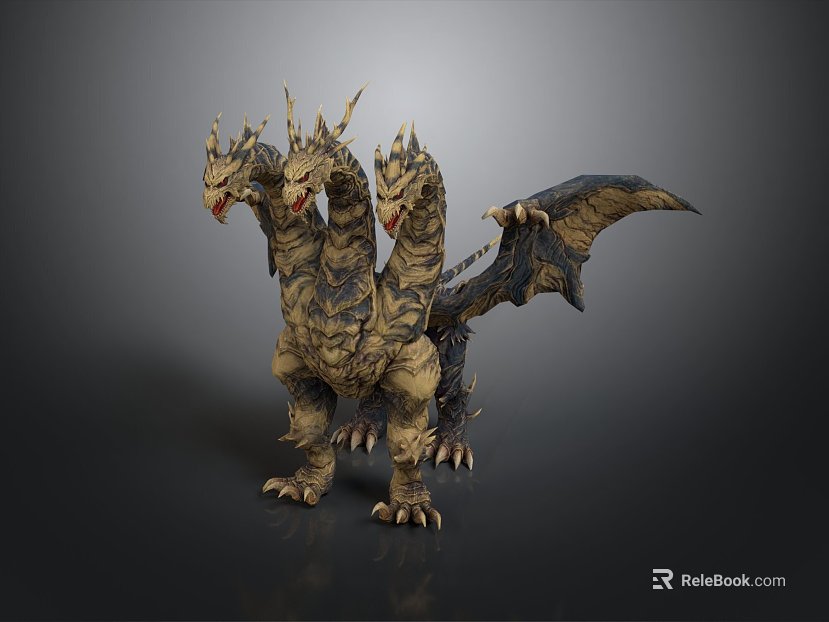 Monster Kidola four-headed dragon sci-fi creature metal scales glowing eyes movie character god beast texture